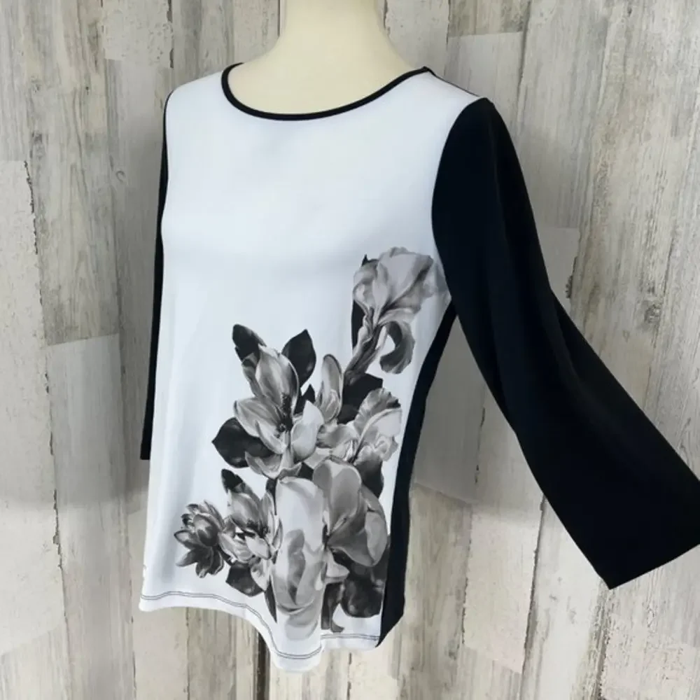 Chico’s Weekends Women's Black Floral 3/4 Sleeve Shirt Top‎ Blouse Stretch 1